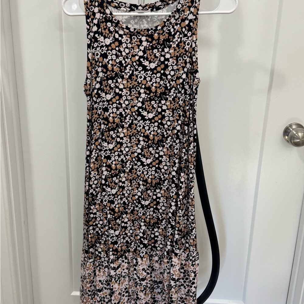 LOFT Black/Tan/Pink Floral Patterned Swing Dress